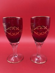 2 Vintage Venetian Murano Glass Wine Goblets 24k Gold Leaf Hand Painted