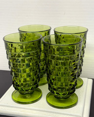Vintage Indiana Set of 4 Glass Diamond Point Cubist 12 Oz Avocado Green Glasses