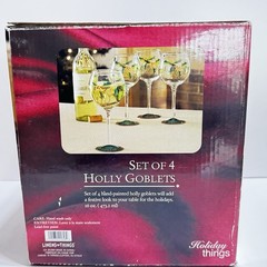 Set 4 Holly Christmas Goblets Linen & Things Holiday Gold Rim Boxes Wine 16 Oz