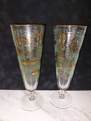 Vtg 2 Libbey Marine Life Pilsner Glasses Fish Seahorse Beach Tropical Gold Aqua