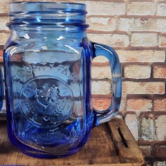 Vintage Libbey Country Fair Blue Glass Mason Jar Mugs Pint Set 6 Made in Canada
