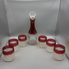 Indiana Glass Set Of 6 Diamond Point Ruby Glasses w/ Decanter & Topper