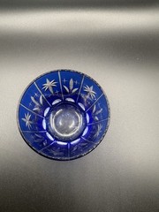 Unmarked Etched Cobalt Blue Cut Glass Starburst Shot Glass Votive Candle Holder