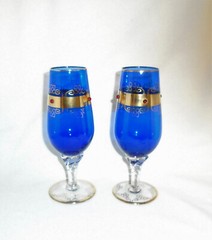 Czech Bohemian Blue Gold Jeweled Champagne Glasses Vintage Set of 2