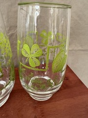 Set Of 4 Lime Green Ivy Clover Green Rim Detailed Vintage Iced Tea Glasses