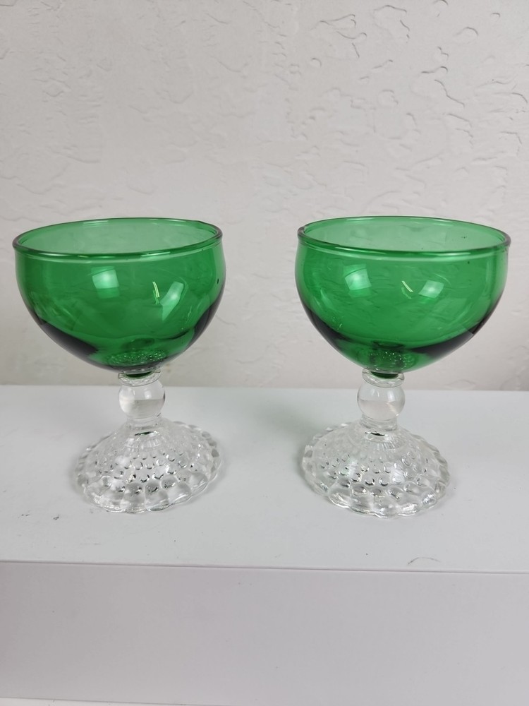 2 Anchor Hocking Glass Forest Green Boopie Bubble Foot Champaign Sherbet 4″