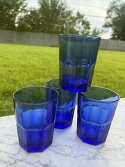 Vintage Niva Cobalt Blue Glass Tumblers Set Of 4 Faceted Drinking Glasses MCM