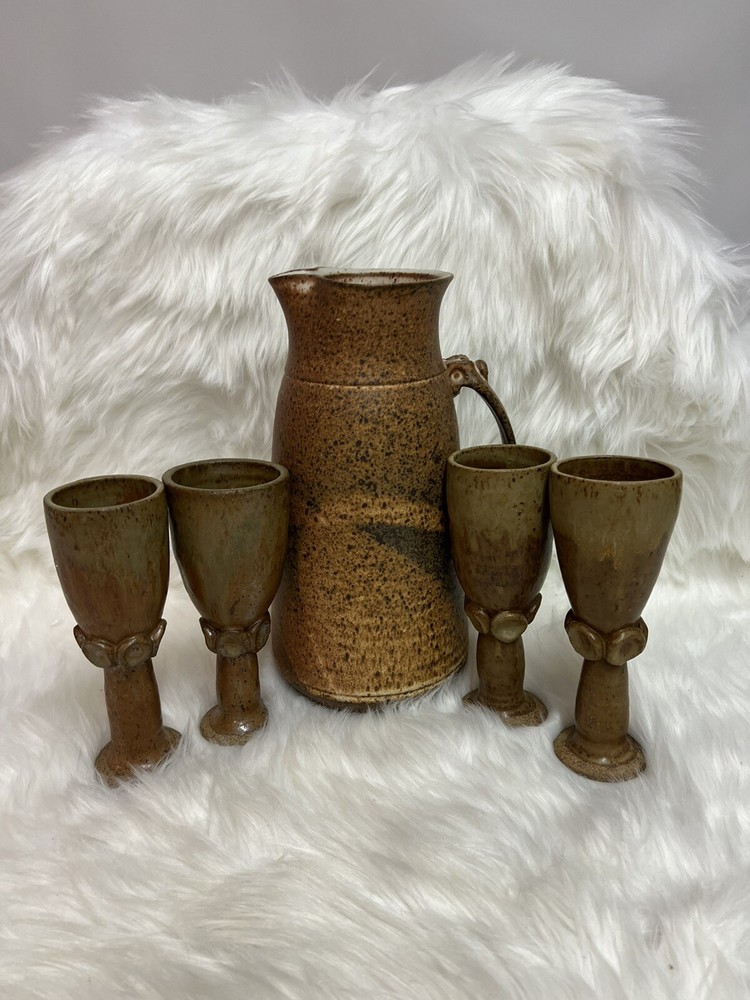 Vintage Stoneware Art Pottery Goblets/Wine Glasses And pitcher Set