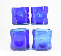 Cobalt Lowball Glasses Tumblers Set of 4 Handblown Pinched Design 3.25″ Pontil