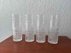 4 Vintage Hobstar Clear Elegant Cut Crystal Highball Tumblers / Water Glasses