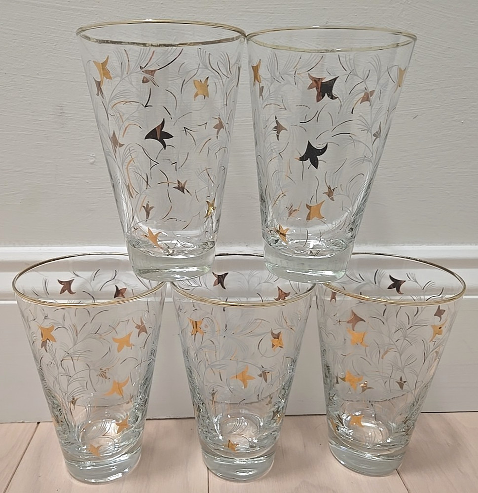 Set 5 MCM Libbey Royal Fern Glasses Tumblers Gold Leaves Etched 12 oz
