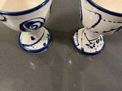 MUD WORKS IRISH MADE Set of 2 Off White & Blue Pottery Goblets- 4 & 3/4” High