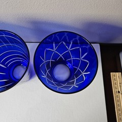 4 Cobalt Blue Cut To Clear Glasses Tumblers All Different Cut Patterns 4.75″