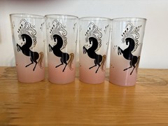 Set of four vintage Libbey frosted pink highball glasses horses 22K Gold Accents