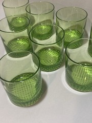 (9)Emerald Green Glass DOF Whiskey Rocks Tumblers Nubby Waffle Bottom