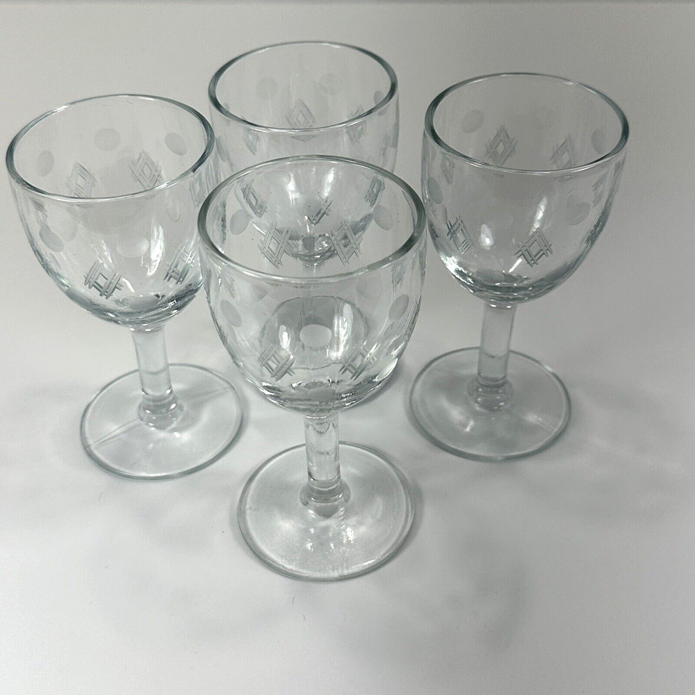 Vtg Standard Glass Etched Criss Cross & Dots 4.5in Petite Wine Glasses Set of 4