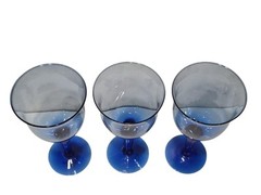 3 Vintage Cobalt Blue Stem Wine Glasses Water Tea Goblets Thick Stem 9.5” Tall