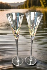 Millefiori CHAMPAGNE FLUTE GLASSES (2) Crystal Goblets 11” Thin Stem