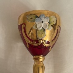 3 Vintage Czech Bohemian Ruby Red Cordial Glasses w/ Gold Trim & Painted Flowers