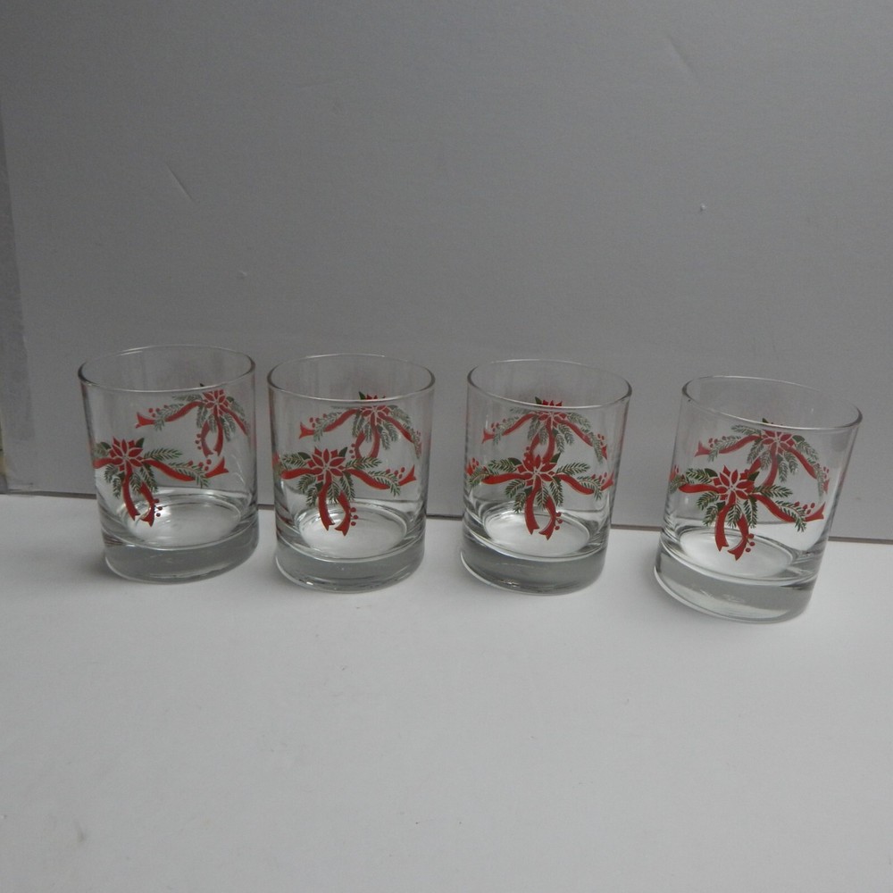 Vintage 4 Anchor Hocking Poinsettia and Ribbon Rocks Glasses Christmas Barware