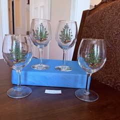 Set of 4 Cuthbertson Christmas Tree 10 Oz Glassware Wine Goblet Gold Rim #1