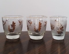 3 Vintage MCM Libbey Frosted Gold Leaf Glasses Drinking 2~8 oz. 1~6 oz.