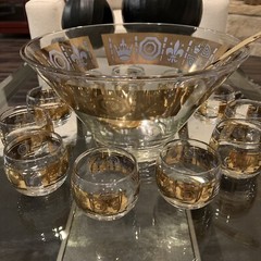 MCM Vito Bari 22 kt Gold Fleur de Lis and Crown Punch Bowl, Glasses, Ladle Set