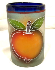 Mexican Hand Blown Frosted Glass tumbler Hand Painted Mixed Fruit Sangria