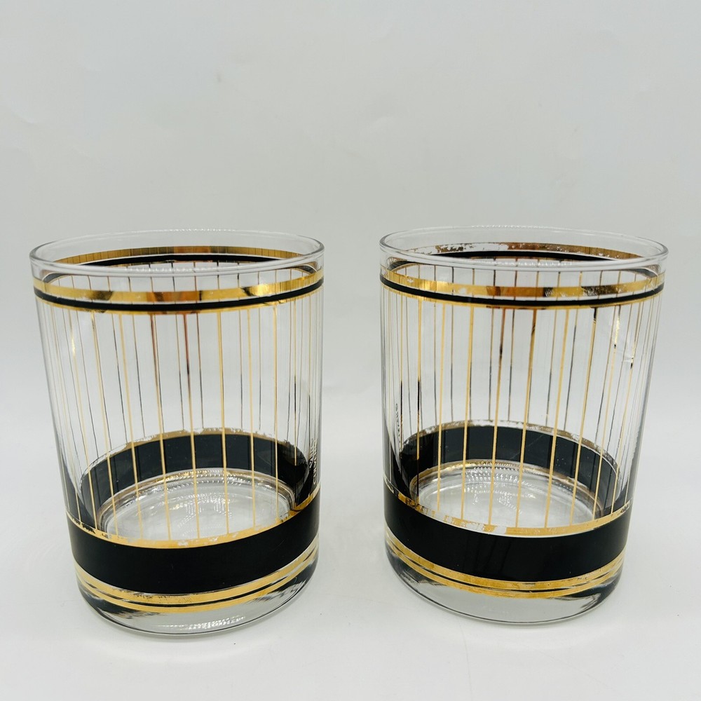 Vtg MCM Culver Devon Black 22k Lowball Whiskey Old Fashioned Glasses