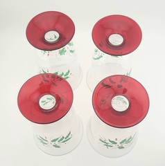 Set 4 Vintage GORHAM Red Footed Festive Holly Goblets All Purpose Water Glasses