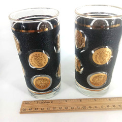 Vintage Cocktail Bar Drinking Glasses w/ Coin design Black & Gold US Coins MCM 2