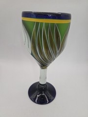 Mexican Hand Painted Hand Blown Wine Goblet Cobalt Blue Flower Themed