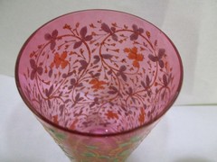 Lot of 2 Moser Bohemian Raised Gold Enamel Rose Berry Scrollwork Cranberry Glass
