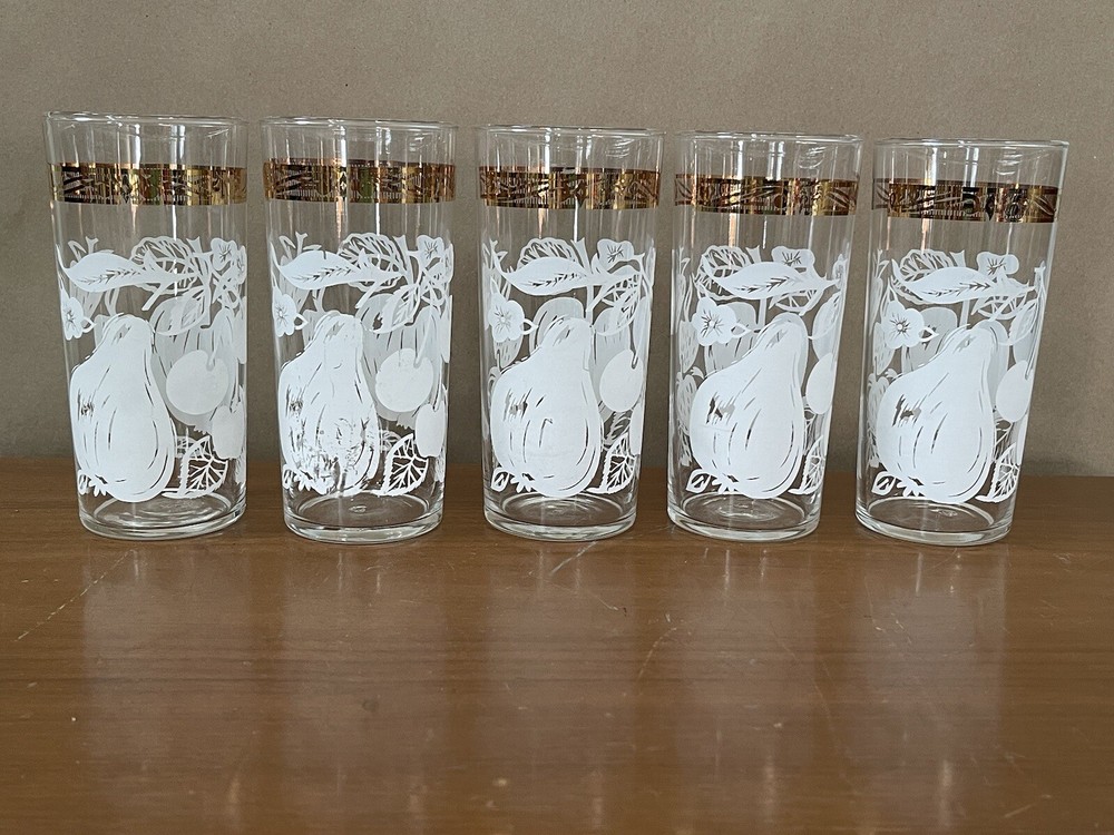 Federal Glass Ice Tea Or Drinking Glasses, White and Gold Fruit, Set Of 5
