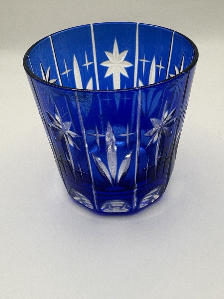 Unmarked Etched Cobalt Blue Cut Glass Starburst Shot Glass Votive Candle Holder