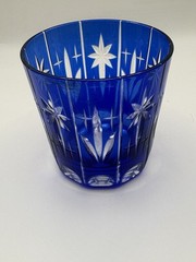 Unmarked Etched Cobalt Blue Cut Glass Starburst Shot Glass Votive Candle Holder