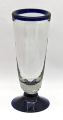 Mexico Hand Blown Beer Glass Clear With Cobalt Blue Rim & Base Barware Drinkware