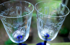 Antique Set 2 WATER GOBLET GLASSES Hand Blown ETCHED BOWL w/ COBALT BLUE STEMS