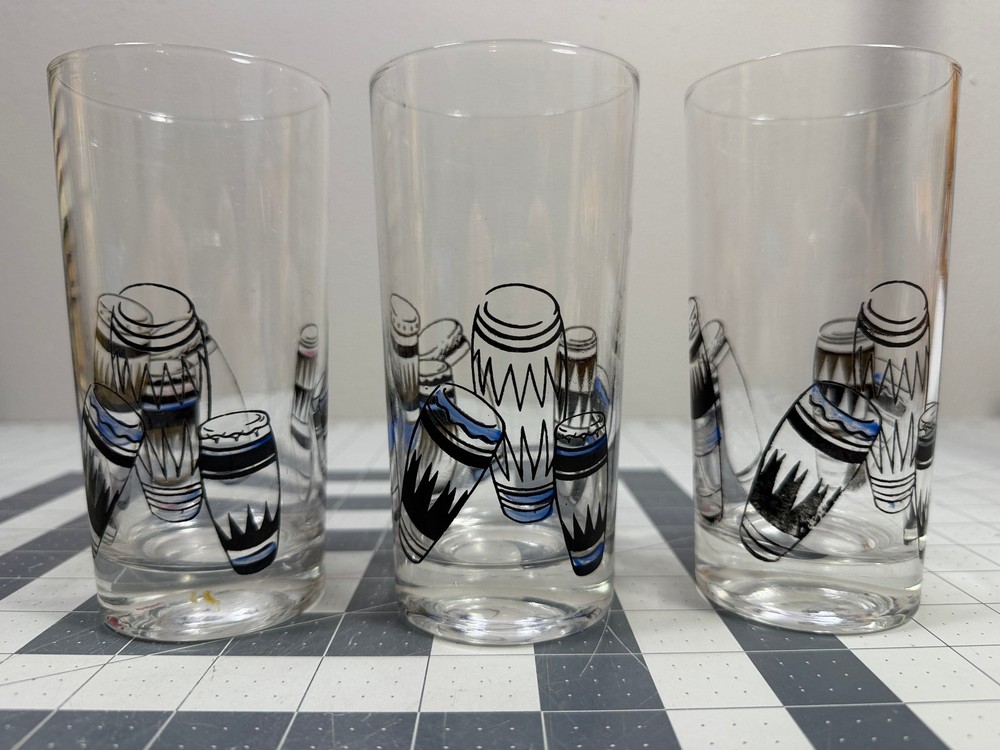 Vintage MCM Gay Fad Atomic Calypso Bongos Set of 3 Glasses 5 1/2″