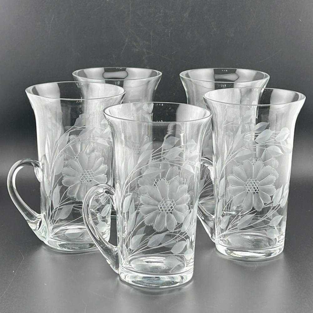 WJ Hughes Corn Flower Imperial 5″ Handled Tumblers Set 5 12 Petal Antique