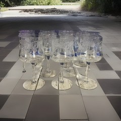 (11) Antique Vintage Cambridge Marjorie Fuchsia Etched Glass Wine Water Goblets