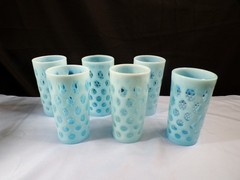 Set of 6 Fenton Blue Opalescent Glass Coin Dot Tumblers 5 1/8 Tall