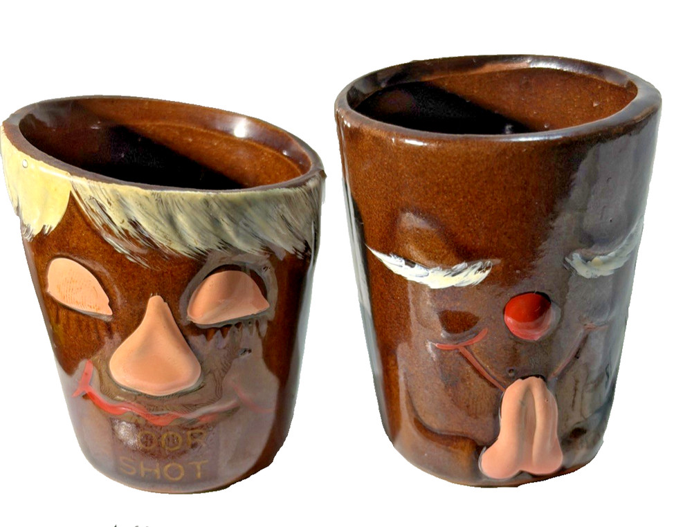 Pair Japanese Redware Shotglasses MCM Ceramic Shot Glasses Made in Japan