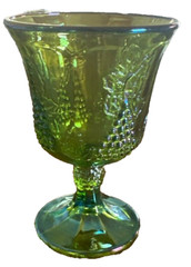 Vintage Indiana Green Iridescent Carnival Glass Harvest Leaf Grape Goblet