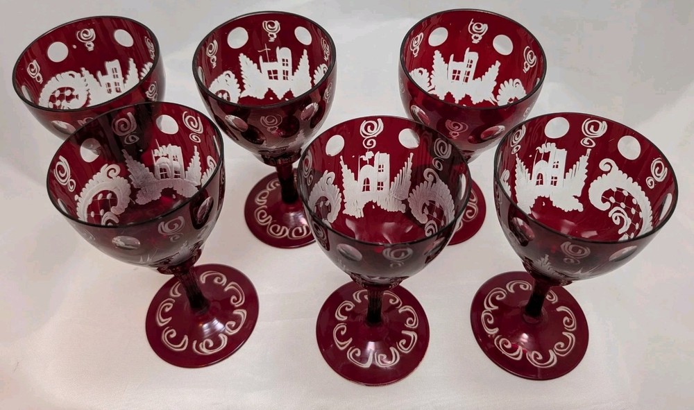 Egermann Czech Bohemian Ruby Red Hand Cut to Clear Cordial Liquor Glass x6