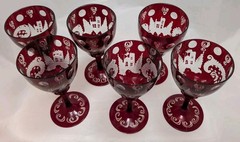 Egermann Czech Bohemian Ruby Red Hand Cut to Clear Cordial Liquor Glass x6