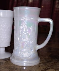 6 Milk Glass Drinking Glasses Etched Grapes, 1 White Carnival Glass Mug
