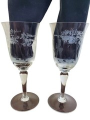 Vintage Etched Victorian Water Goblet Wine Glass Pair Romantic Couple Fountain