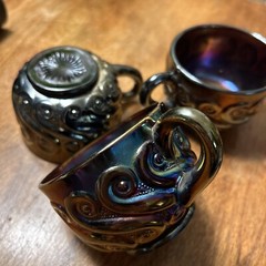 3 Antique Carnival Glass Cups Vintage Purple Gold Green Murano wine Drinks Fair