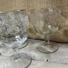 (5) Bartlett Collins Grapes & Leaves Water Goblets Etched w/ Gold Rims 5 3/4” t
